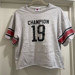Champion Women’s Cropped Gray Collegiate Tee with Red and Black  Stripes